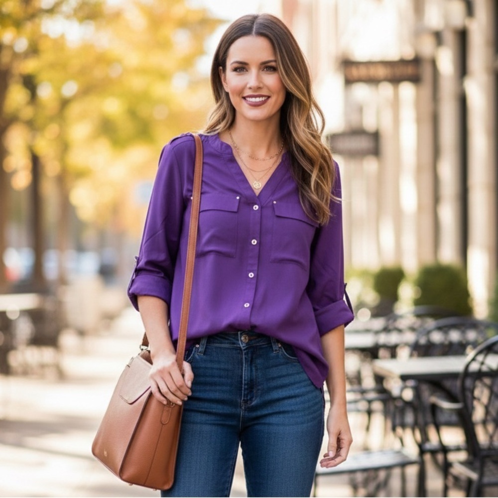 Avenue Royal Purple Silky Utility Blouse Gold Button Roll-Tab Sleeve Top 14/16